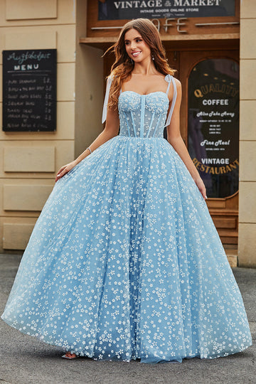 Spaghetti Straps Azzurro Cielo A-Line Corsetto Prom Dress con Fiori